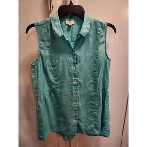 J. Jill Love Linen Sleeveless Button Up Shirt Light Teal Sz Small Petite